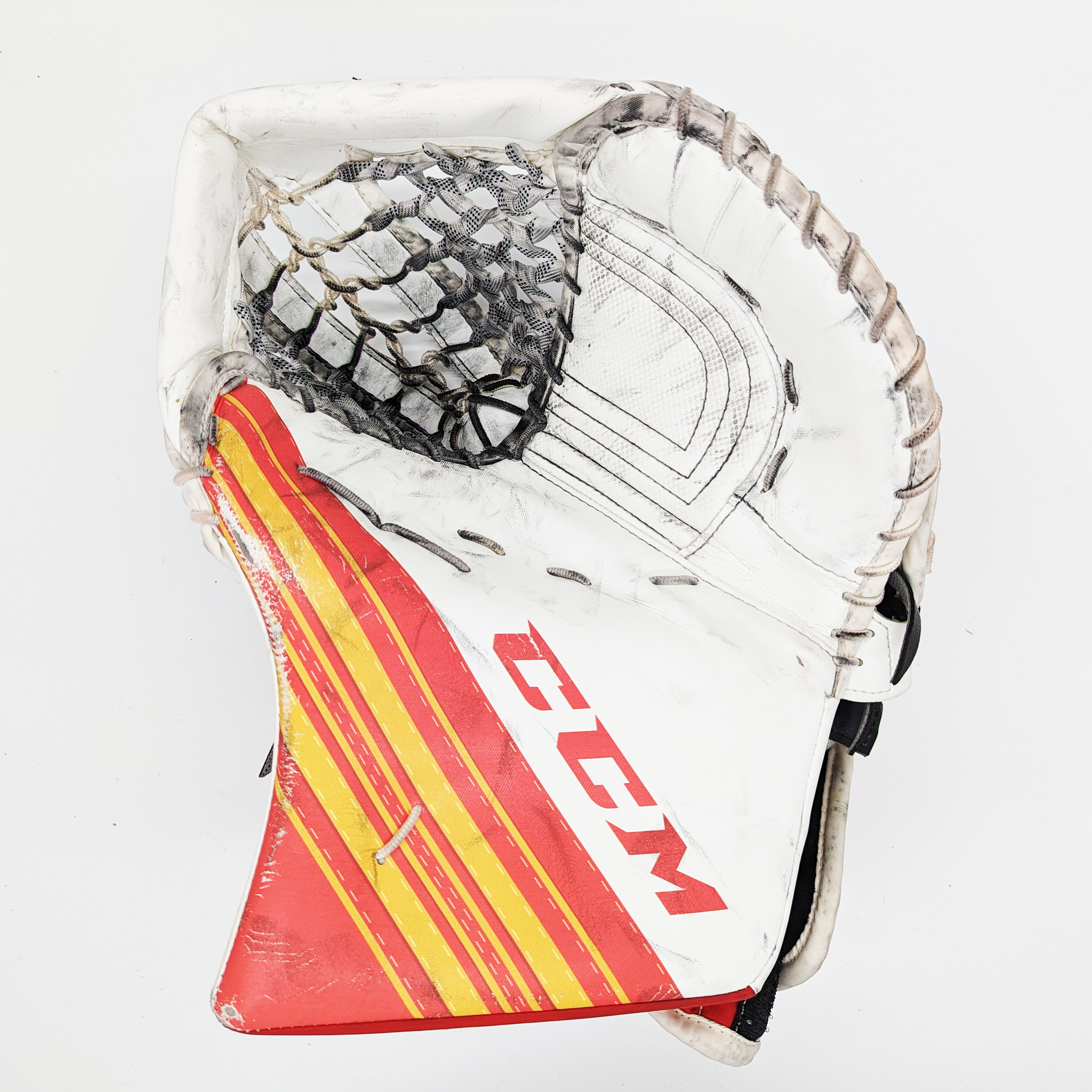 CCM Extreme Flex 5 - Gant de gardien de but Pro Stock d'occasion (blanc/jaune/rouge)